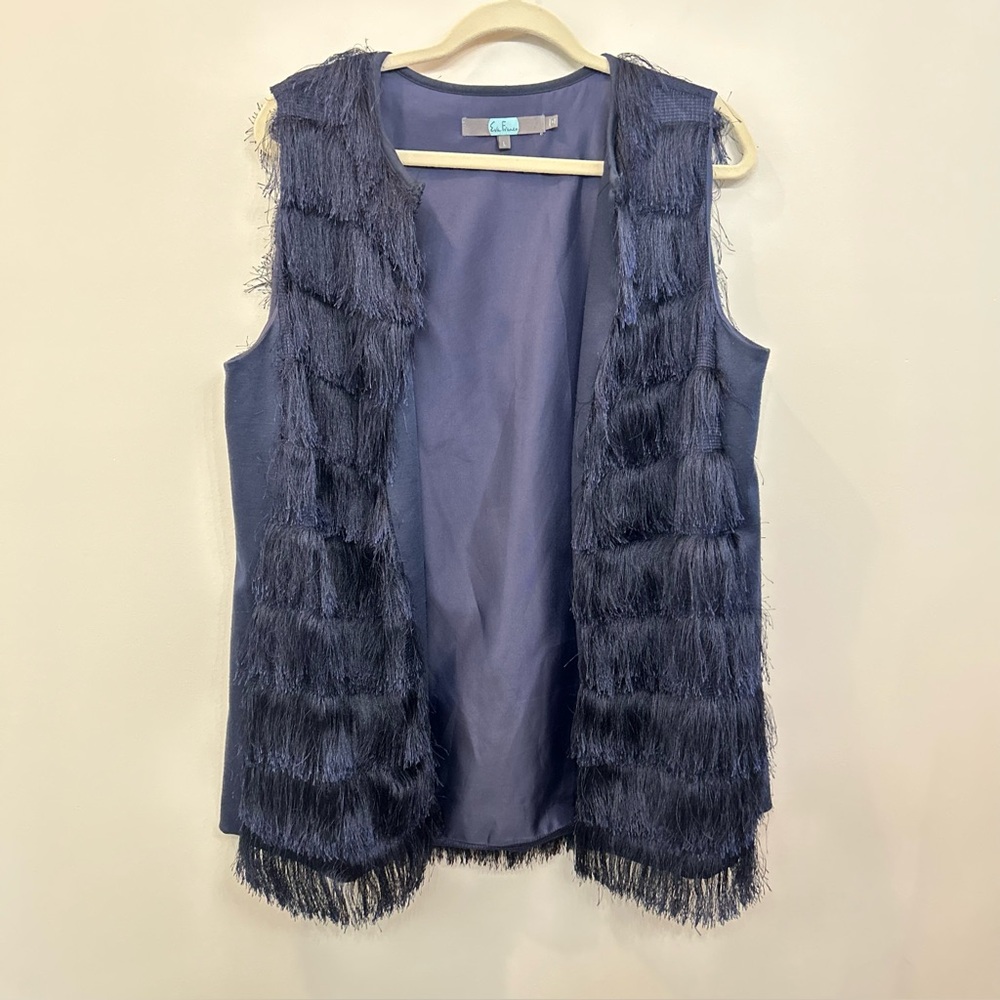 Anthropologie Eva Franco Navy Blue Tiered Eyelash Fringe Layering Vest